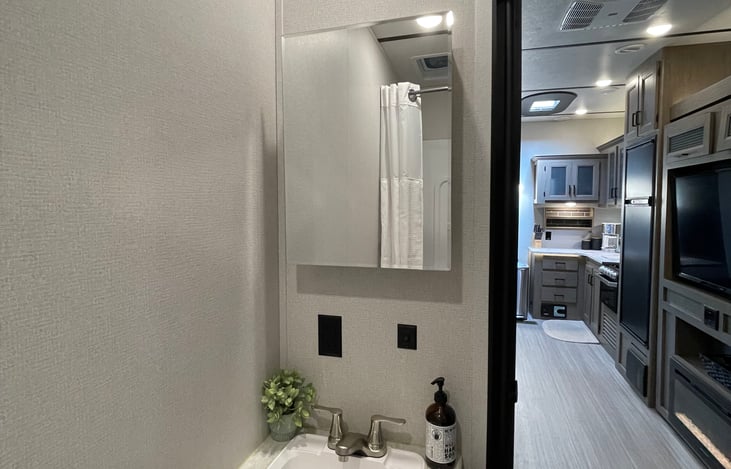 Sink area with storage below sink and behind the mirror for toiletries. Double outlet for razor or blow dryer.