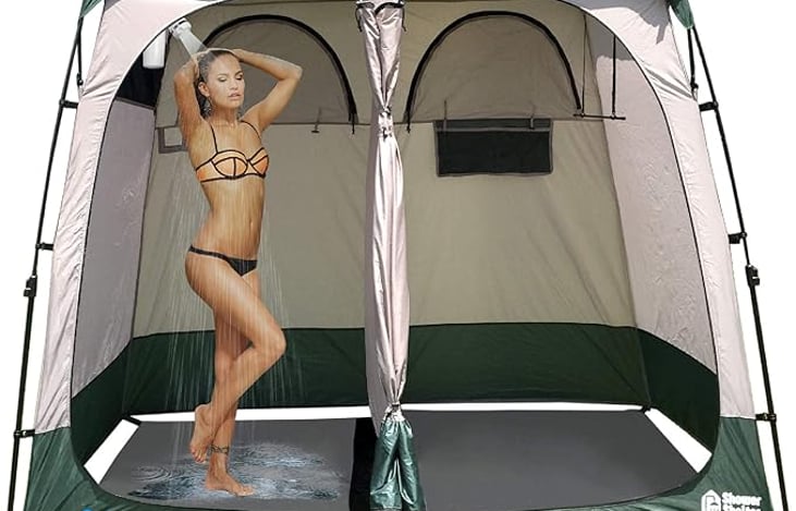 Outdoor Shower and Portable Toilet with 2 Room Bath House and Propane Hot Water Heater.