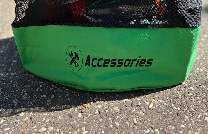 Accessories Bag; Additional accessories; air chucks, hoses, blocks, propane adapter for generator, rope and bungee's.