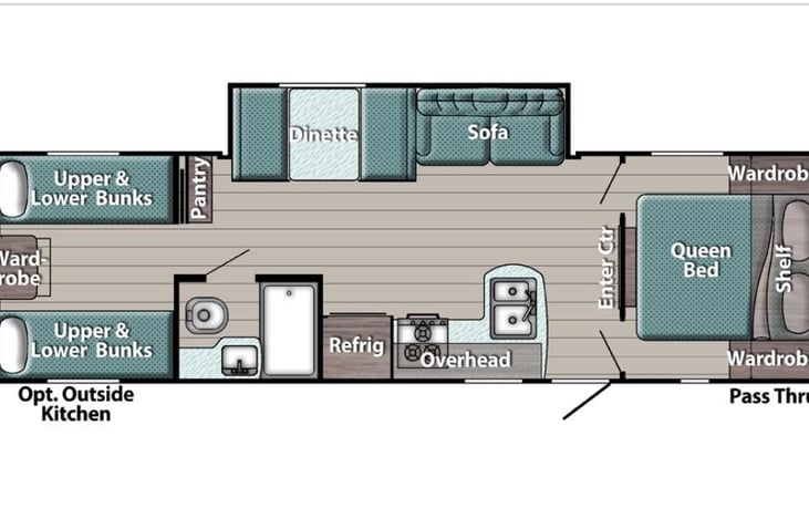 Ours has the optional outside kitchen and a top bunk in the bunk room