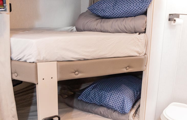 Full Size Bunks, Each bunk has its own light and USB charger plug