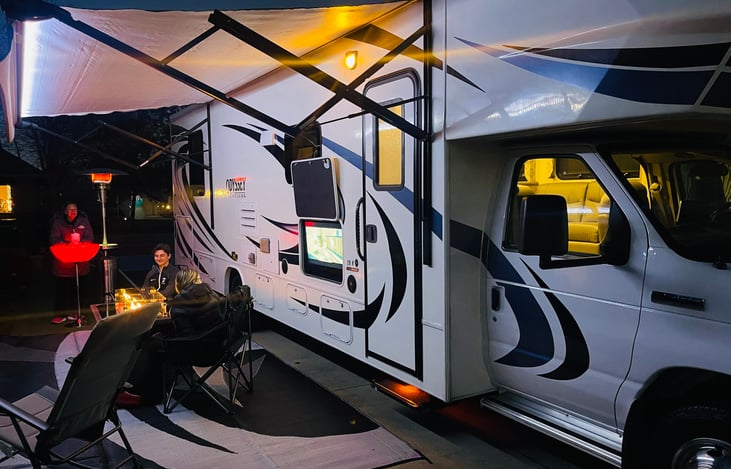 LED lit Awning & Giant Outdoor Rug