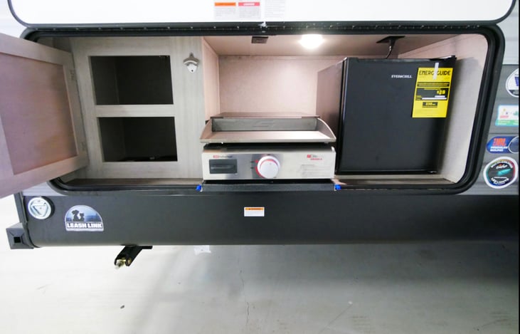 Griddle, beer fridge, storage cabinet