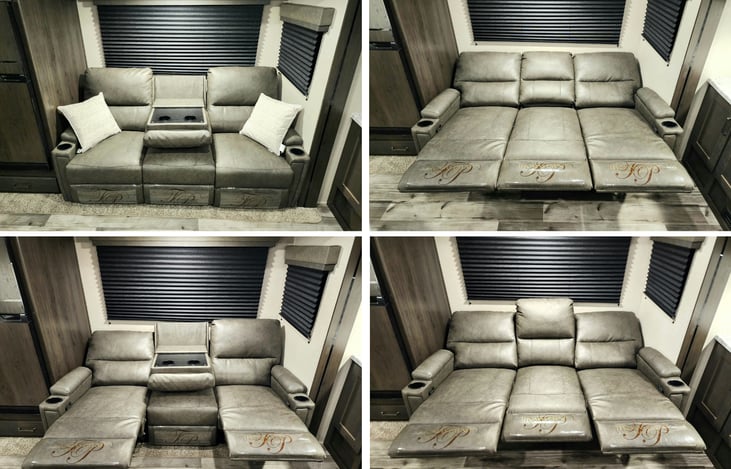 All three seats of the couch recline, or you can fold down the center seat for a cup holder armrest.