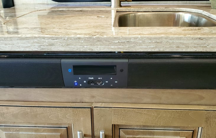Bluetooth Sound Bar that plays radio, streaming music, and the TV in the main cabin.