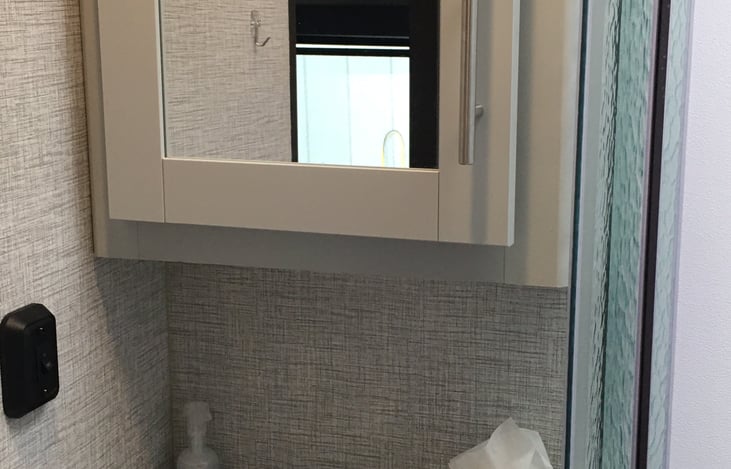 The master bathroom features a mirrored medicine cabinet,  with multiple shelves, foamy soap, tissues, USB ports, and an electrical outlet.