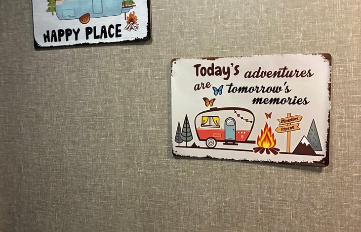Fun camping decor throughout to remind you that there is no place like camping and your only responsibility while camping in the camper is to have fun and make great memories!