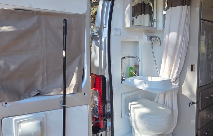 Sink, shower, flush toilet.  Keep momma happy!