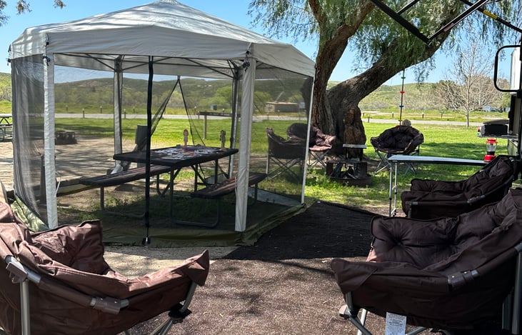 This screened canopy is a MUST HAVE!  keeps out the insects while allowing full visibility and sunshine.  fabric is SPF 50 and UV treated ... benefits of the sun .. without the burn. see RATES