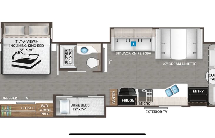 Floor Plan - 2 bathrooms! Couch and Dinette make into sleeping areas for a total of six beds!!