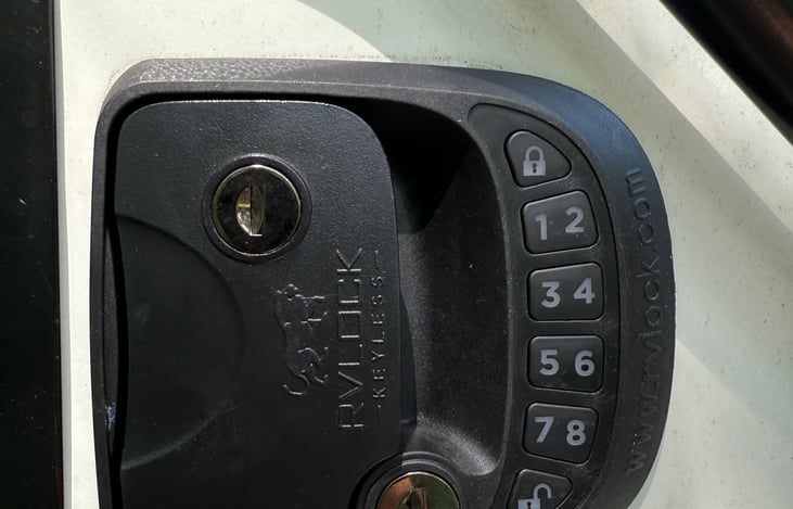Upgraded RV lock with keyless entry.