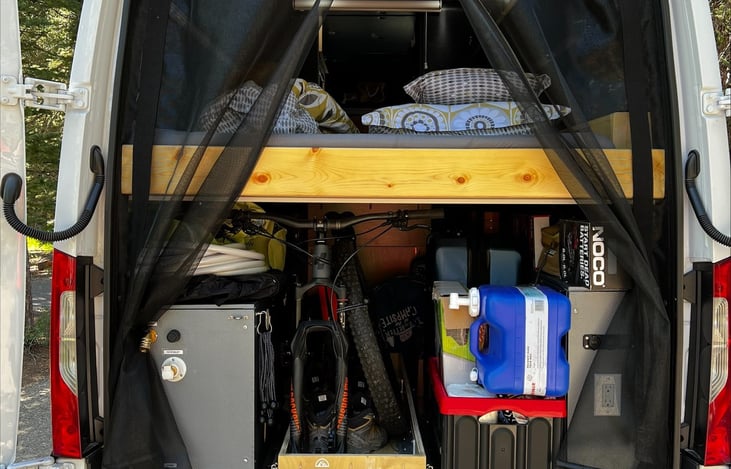 Garage area where water tank, battery storage and bag storage are located. Can be accessed from the van back doors.