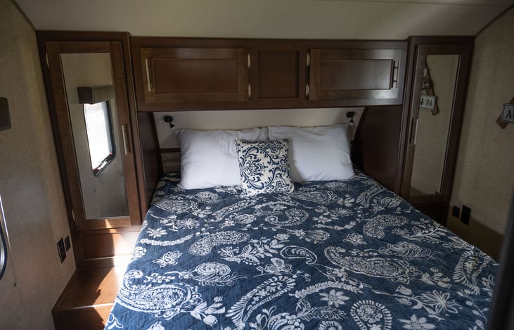 Master Queen Size Private Bedroom with wardrobes on both sides, storage above/below bed, bedside tables