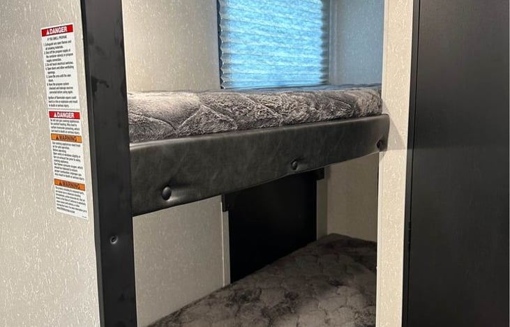 Bunk beds with 150 pound weight limit. Bunk beds are 28”x74 (2’ 4” X 6’ 2”)