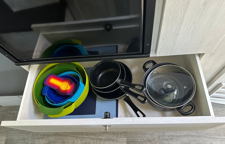 Pots, pans, cutting boards, mixing bowls, measuring cups