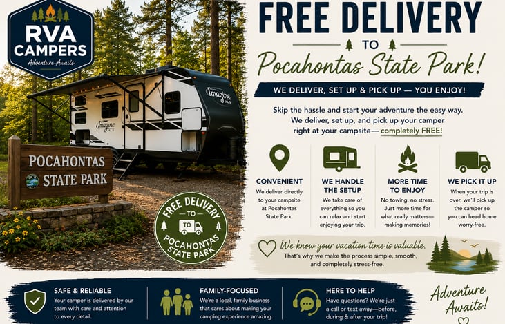 Camping at Pocahontas State Park? Enjoy FREE delivery, setup, and pickup—just arrive and start relaxing!