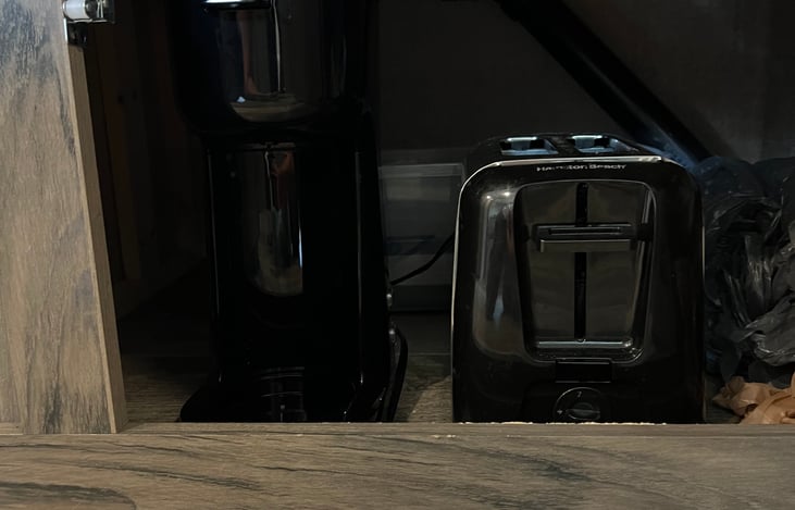 under fridge- Keurig and toaster