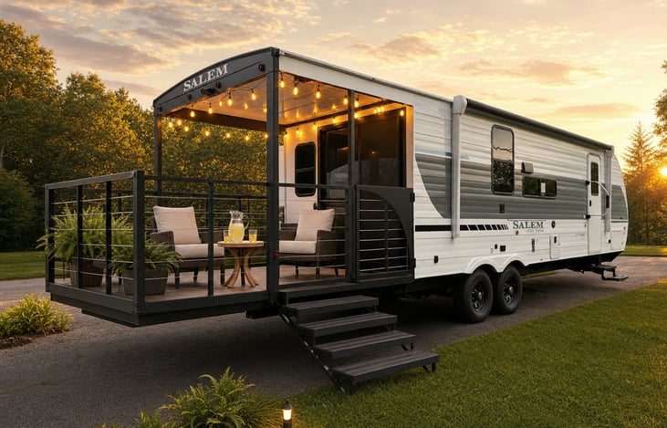 Your stay starts like this ✨
RV delivered, deck set, lights on—everything ready before you arrive. This is camping without the work.