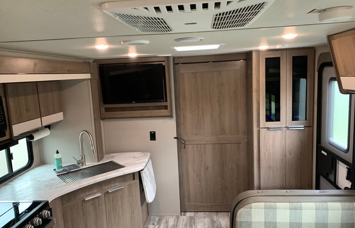 Sliding door to bedroom for privacy.