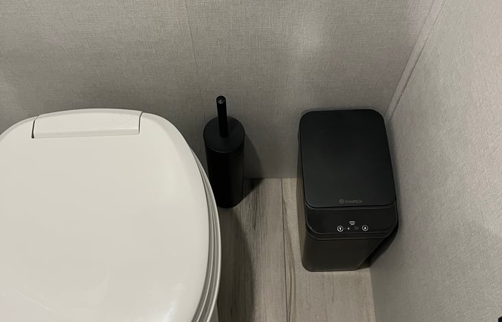 Motion sensor trash can, toilet brush