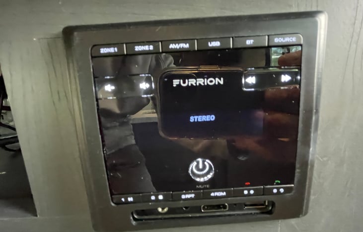 Stereo with both indoor and outdoor speakers.