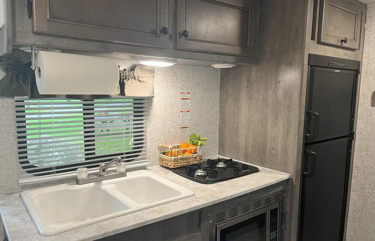 Galley View with Dual Sink, Twin Burner stove and Fridge Freezer
