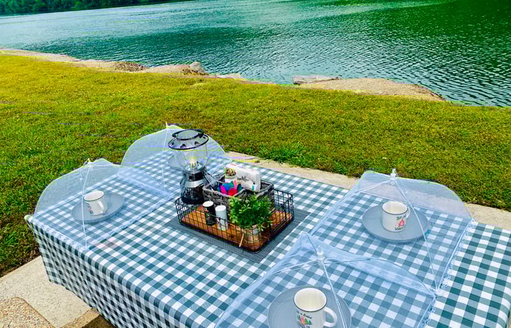 The Picnic Table kit includes plate covers and a silverware basket with picnic amenities.
