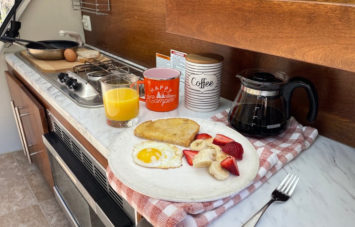 No need to pack those specialty freeze dried camping packs - make all of your favorite meals using the propane stove, microwave, and electric refrigerator.
