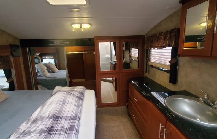 Master Bedroom Vanity, Dresser, Lined Closet, Wardrobe Closet, Queen Bed.