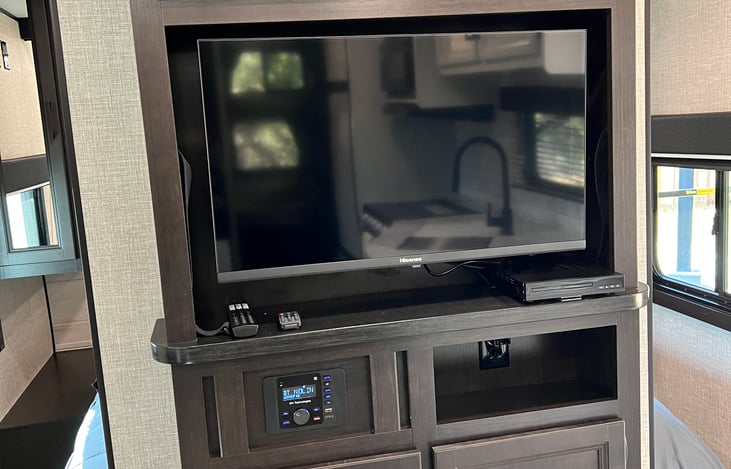 Family Friendly movies included!!

Please note: TV and DVD player only work with the trailer is plugged in or on generator power.