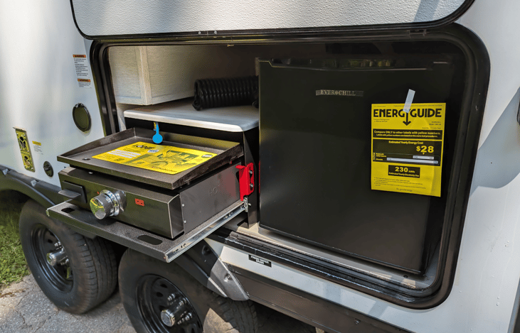 Convenient outdoor griddle to make your favorite meals outside. Outdoor fridge will keep your drinks cool while the outdoor speakers play your favorite tunes.