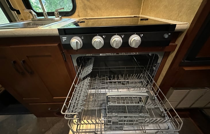 Dishwasher - a rare find in an RV. Dishwasher detergent provided at no additional cost
