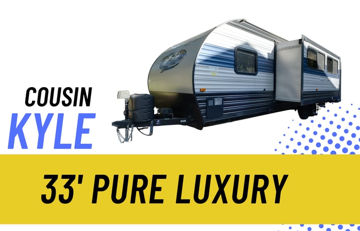 3. Main Listing Graphic
Cousin Kyle – 33' Luxury Grey Wolf Travel Trailer. Family-friendly RV rental that sleeps up to 8 with premium amenities and modern comforts.