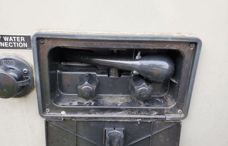 Hot and cold outdoor shower. Great for cleaning mud off your feet or other outdoor equipment.