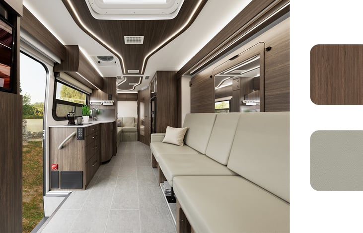 Dual living space layout with front reclining lounge and Murphy bed, full mid-coach kitchen and dry bath, and a spacious rear sectional lounge for relaxing or entertaining