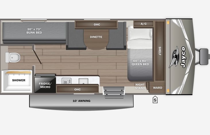 Queen bed upfront, 2 bunks, dinette makes into bed sleeps 5