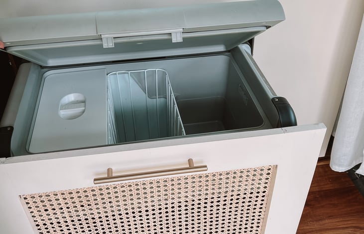 Dometic fridge that keeps ice cream rock solid & all your food cold constantly. No worries about refilling ice or dealing with coolers. This fridge keeps things as cold as you want 24-7.