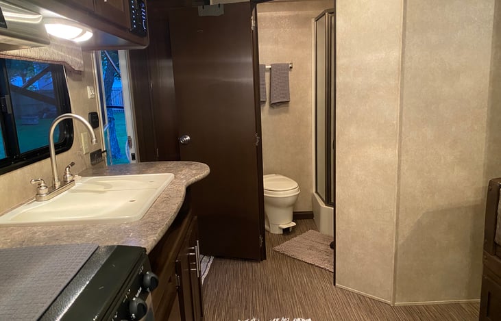 Kitchen view from bed area.