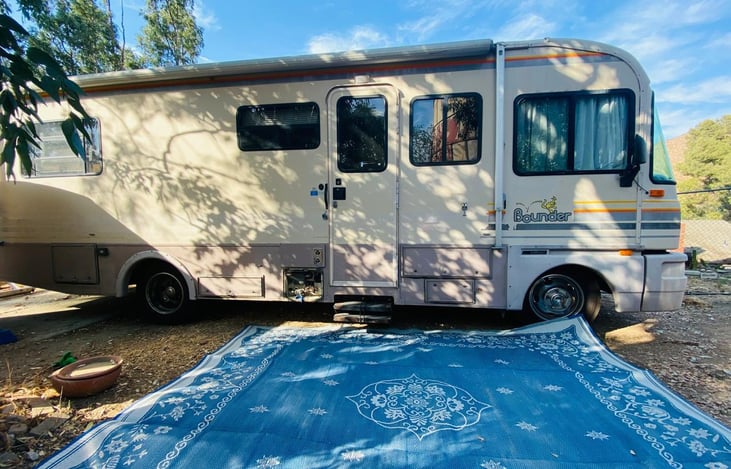 This large outdoor rug comes with the RV so you can create a beautiful space where you park.