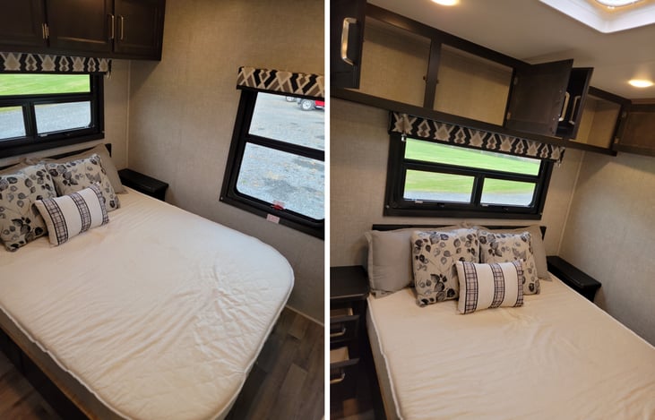 Rear Bedroom - Queen Bed, plenty of space to walk around + Overhead storage