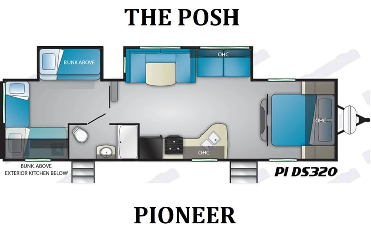 This floorplan features a master bedroom, living room with futon, convertible dining area, stocked kitchen, modern bathroom with a shower, and a dedicated bunk room with four cozy bunks.