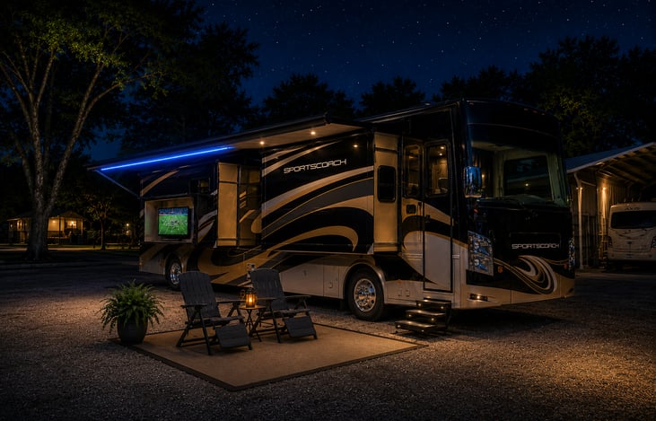 Outside with television and awning with lighting
