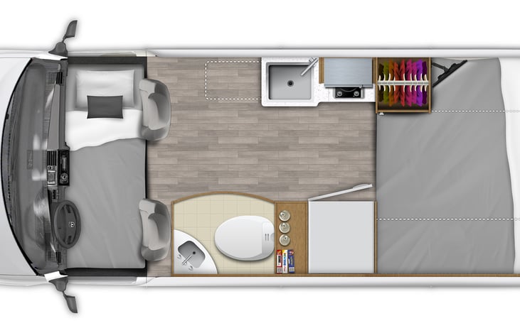 Floorplan with bed made. I do not have the front mattress for drivers area, however I can order it if you book for a week or more.