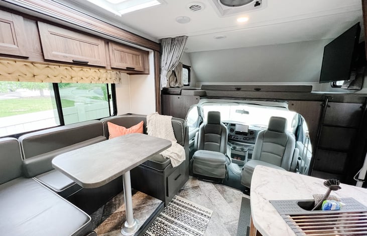 Driver and passenger seat swivel for extra seating.