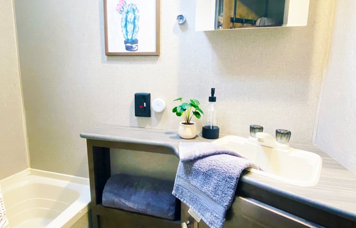 This bathroom is private and easy to use. Has a motion detection light and tub for littles.