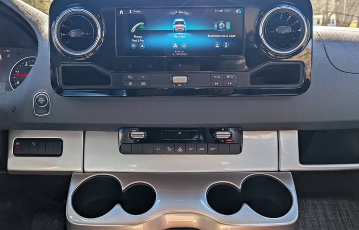 Very nice Mercedes cabin with all the modern technology to keep you comfortable and safe. Touch screen in the middle manages the Sprinter and can easily connect your Apple CarPlay too.