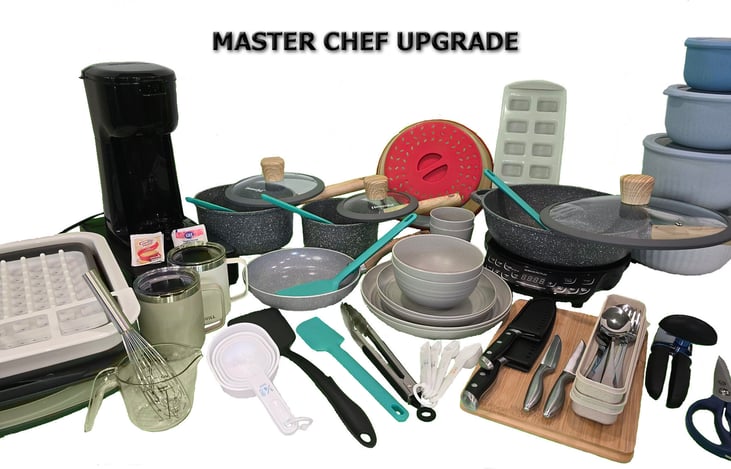 Master Chef Upgrade - Pot/pan set w/ lids, cooking utensils, bowls with lids, induction cook top, knives, can opener, scissors, measuring cups/spoons, wash bin, dish drainer