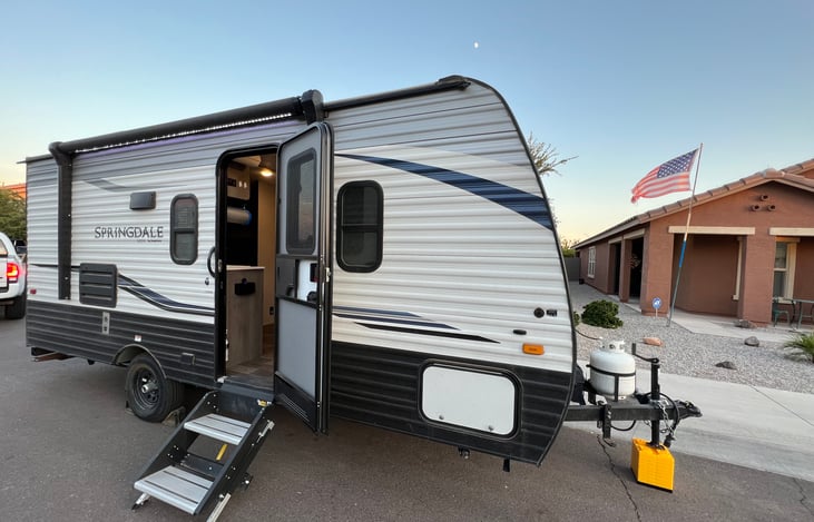 21ft from bumper to trailer hitch ball. Small but mighty, sleeps up to 6 and ready for your camping adventure