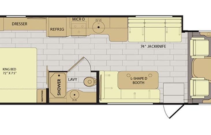 Floorplan. We replaced the jacknife sofa with two power recliners with cupholders, heat and massage.