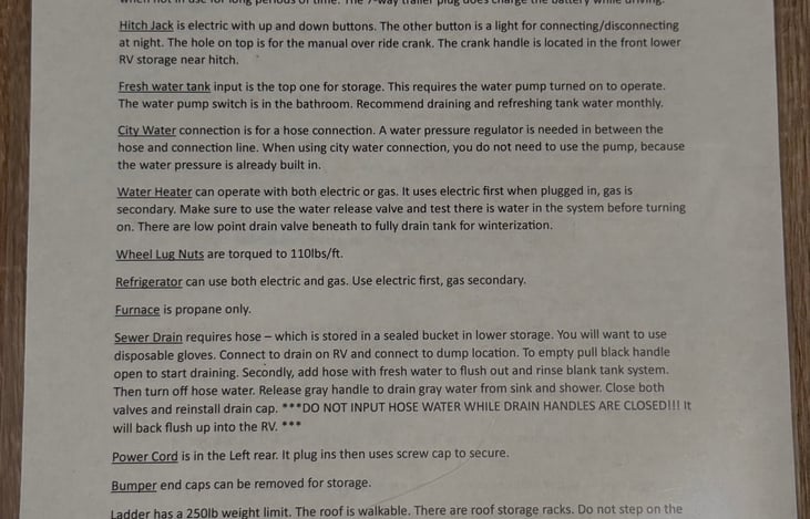 Two-page RV quick-use guide reference.